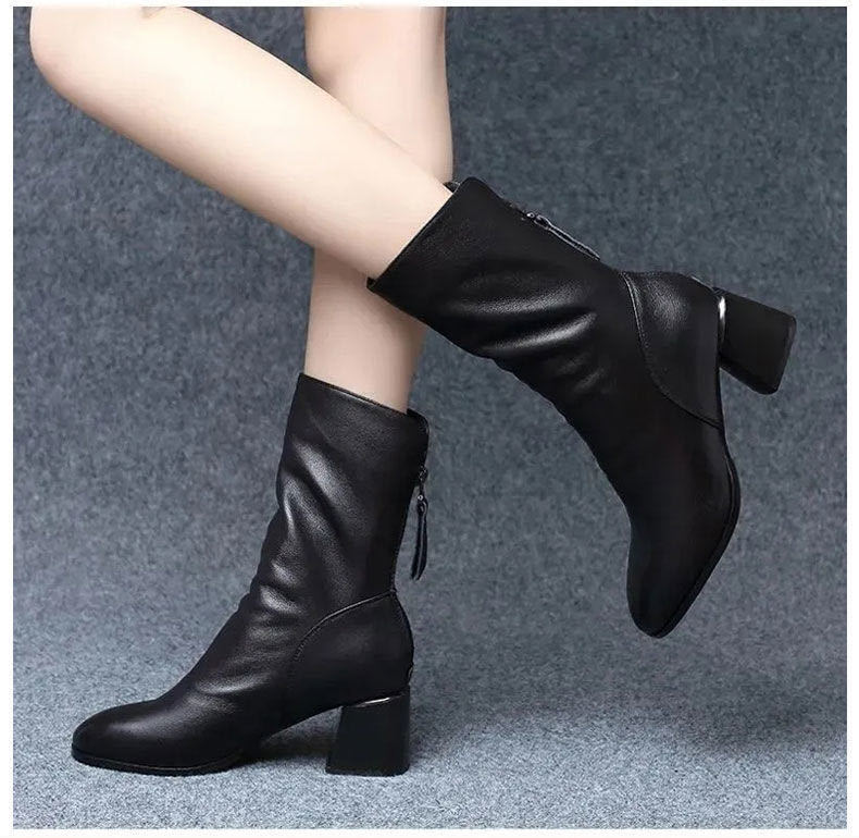 女士靴子中长女中跟方头秋冬新款中筒靴女粗跟马丁靴英a黑色单里35