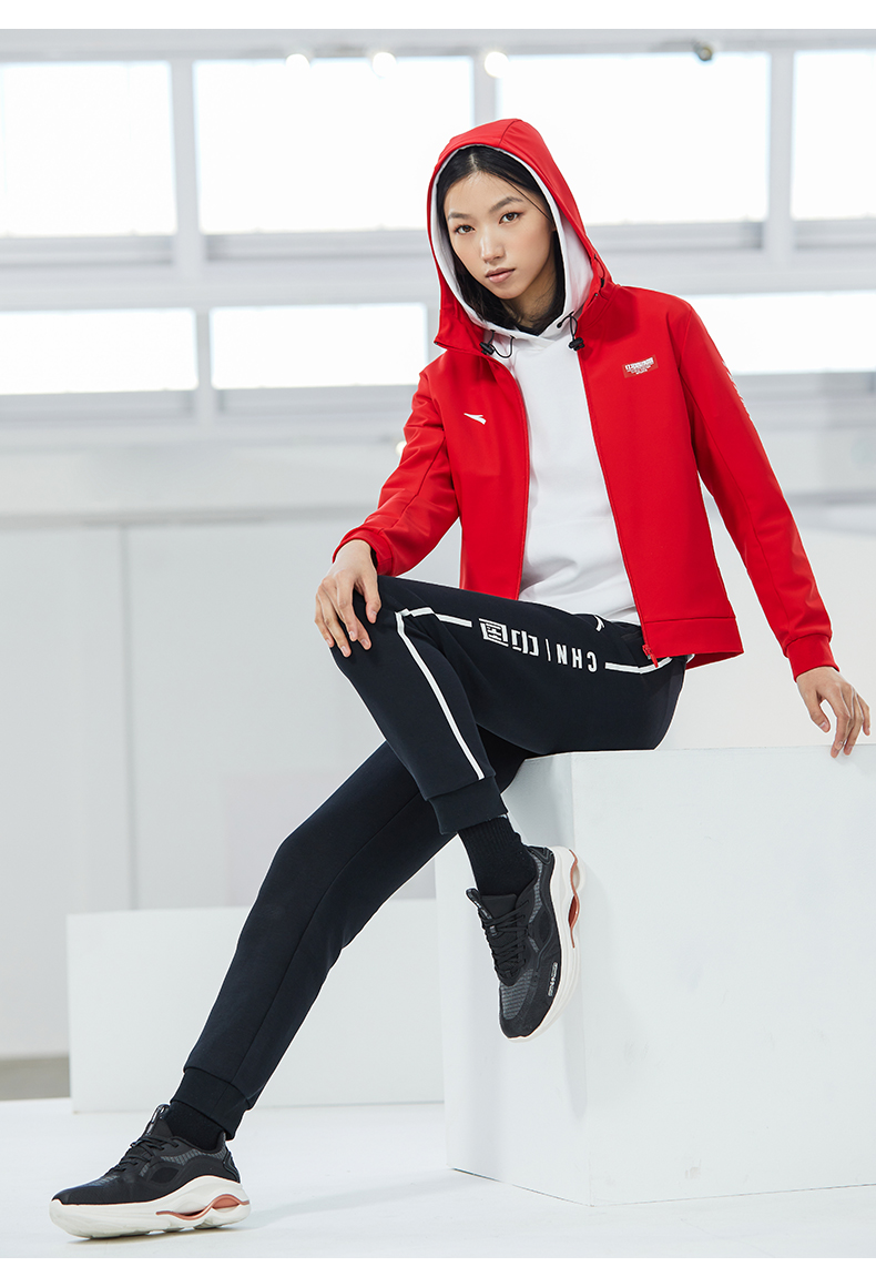 【中国冰雪】安踏外套女2022新款中国红连帽拉链运动服滑雪 经典红-1