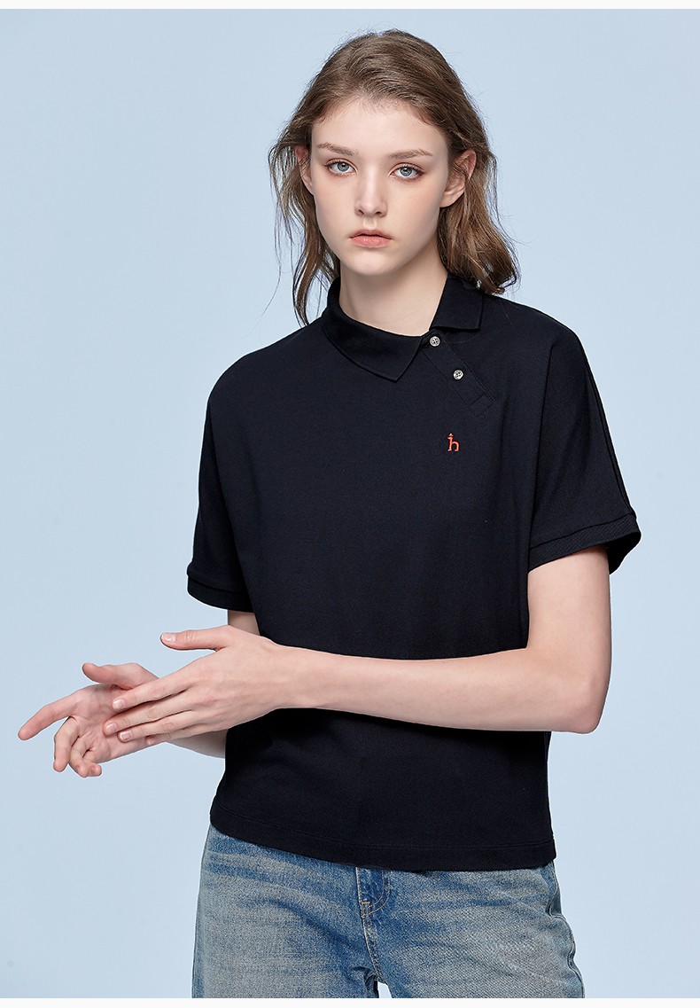 哈吉斯hazzys2022年夏季短袖女落肩袖素色polo衫astse02bx01藏青色nv