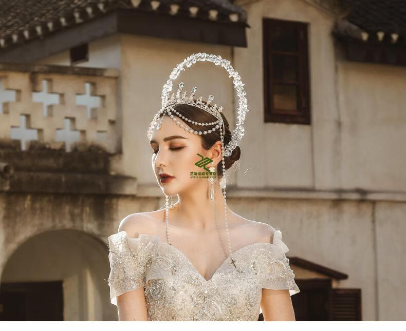 新款圣母头纱 头饰巴洛克新娘水晶光环皇冠珍珠流苏饰品摄影走秀场
