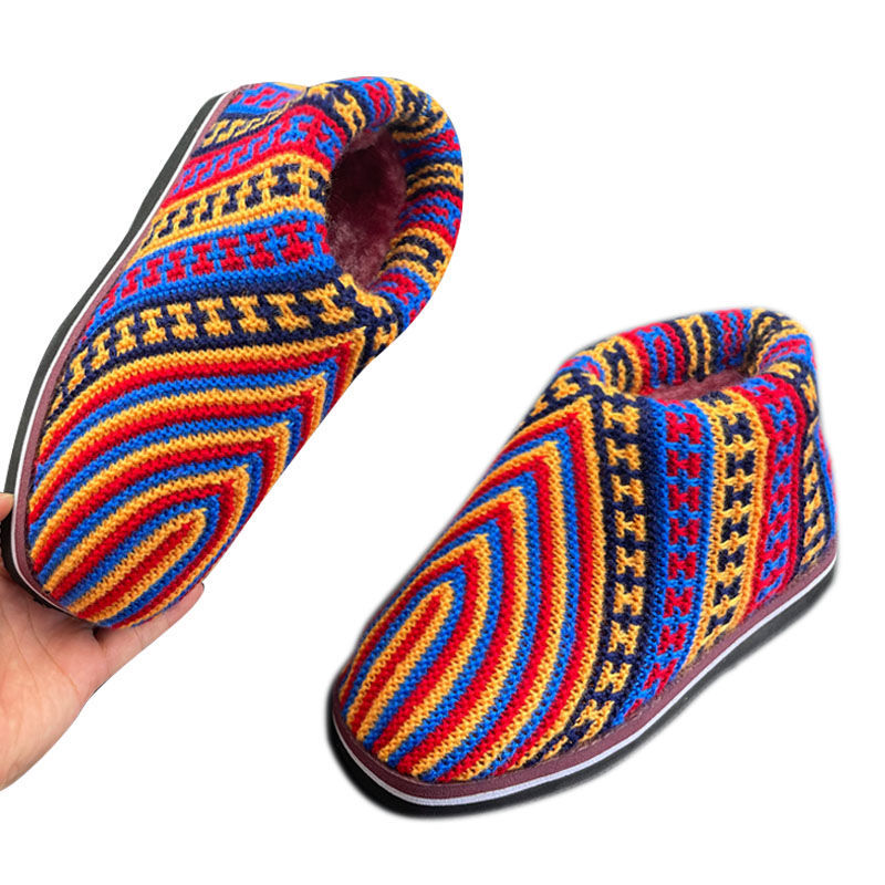 毛线拖鞋加绒保暖棉鞋棉靴成人男女老年防滑成品手a黄福增厚加绒3637