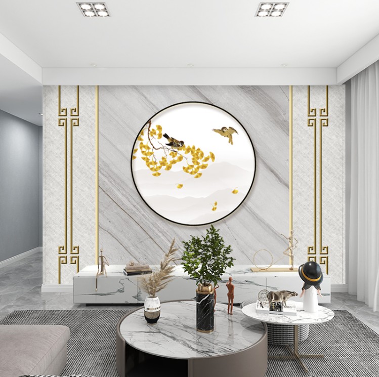2022新款电视墙壁布山水新中式电视背景墙壁纸2021圆形8d轻奢墙纸3d