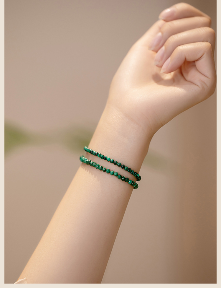 绿孔雀石手链女极细款单圈小水晶手链宝石手串圆珠款适合手腕周长14cm