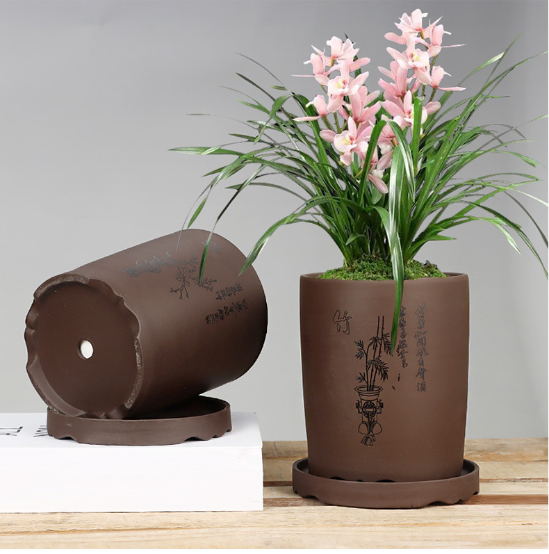 高花盆紫砂兰花盆大口径君子兰盆黑陶瓷直筒高兰草盆绿植专用带托盘