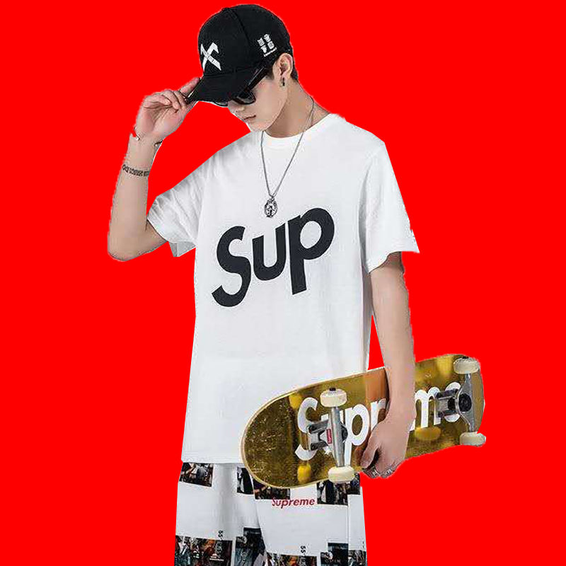 潮牌supreme联名同款song联名经典潮流大印花sup纯棉短袖t恤男女白色s