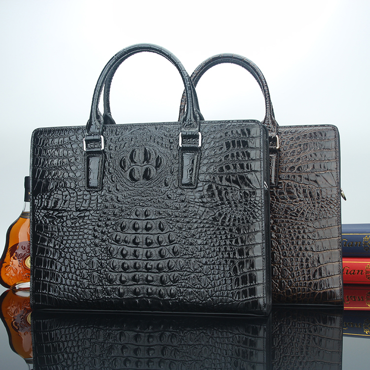 sohmbv鳄鱼皮男包横款商务单肩斜挎包皮包手提包男士公文包咖啡色