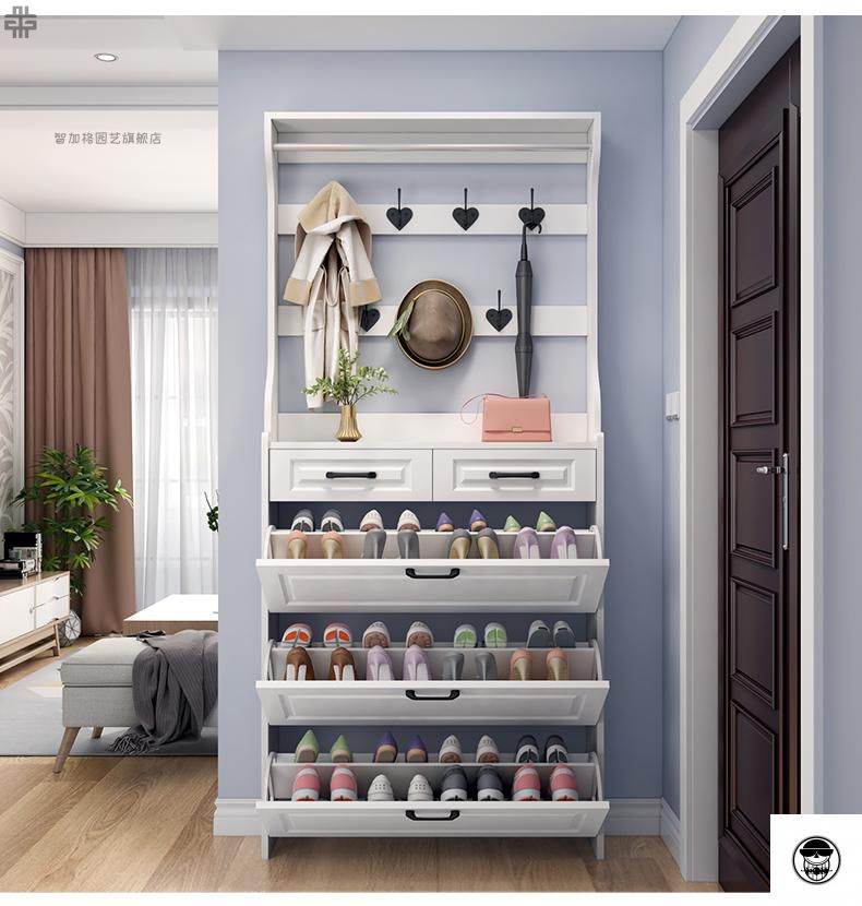 汇德能薄翻鞋柜带挂衣架一体落地卧室家用大容量门物架衣帽架50长17厚