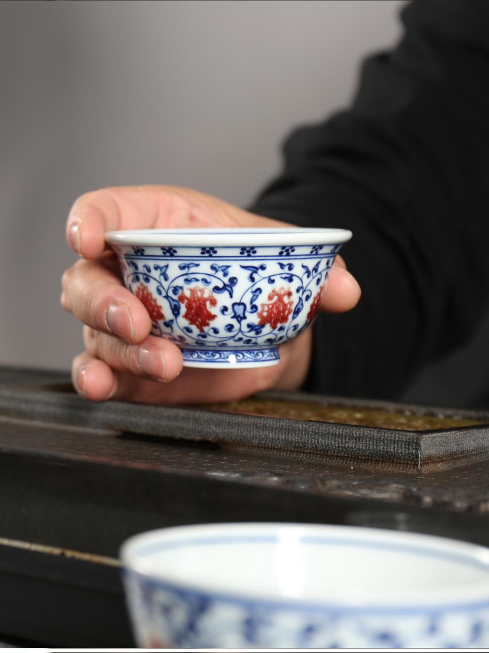 【闪电发货】春风祥玉茶具 青花主人杯缠枝莲釉里红景德镇手绘青花瓷