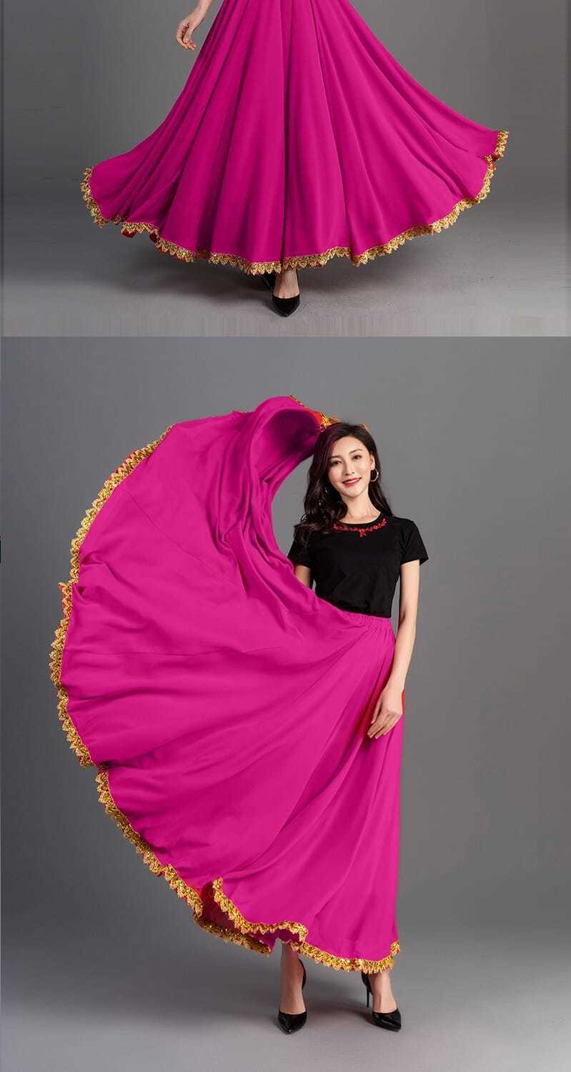 新疆舞蹈服装女720度红色花边长裙大摆裙跳舞新疆舞广场舞民族舞红色