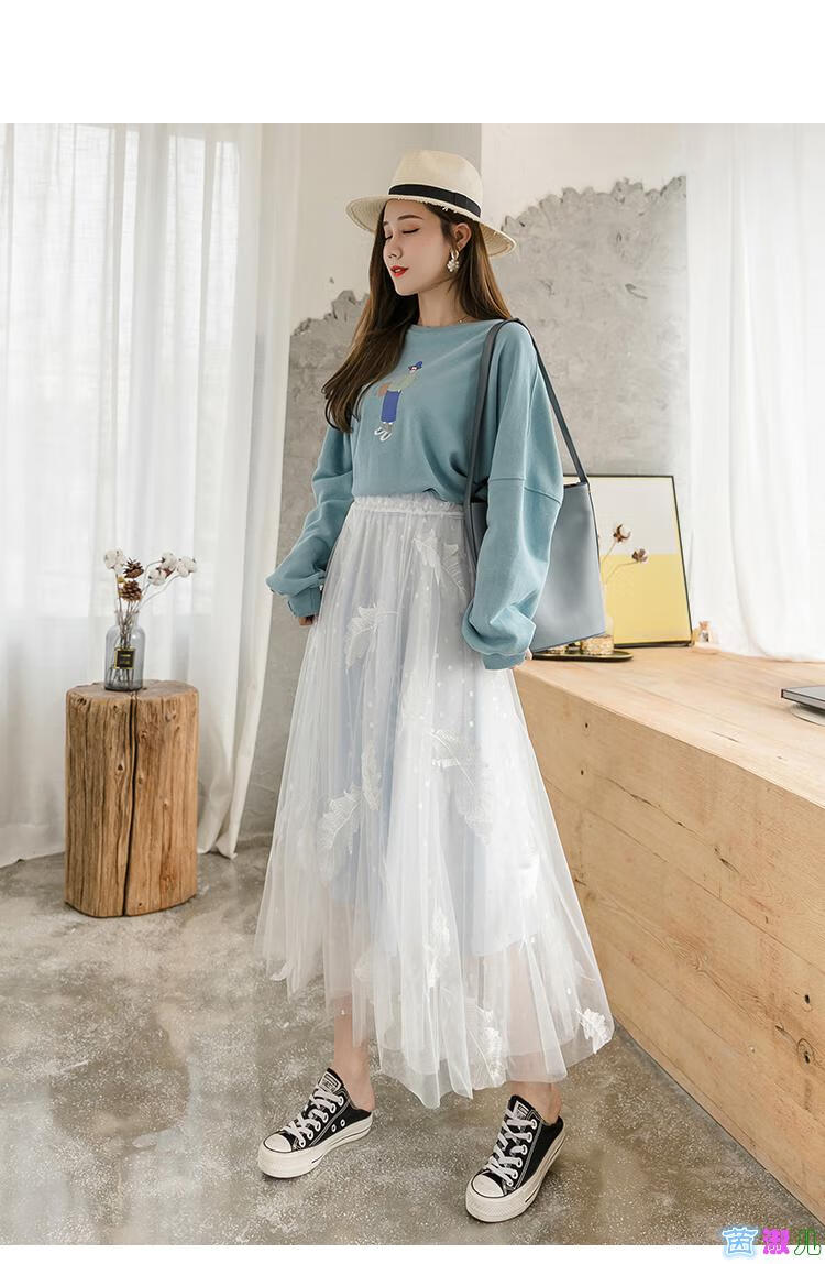 子学生韩版夏天下半身长裙沙沙裙超仙少女高中生羽毛刺绣半截裙粉色s