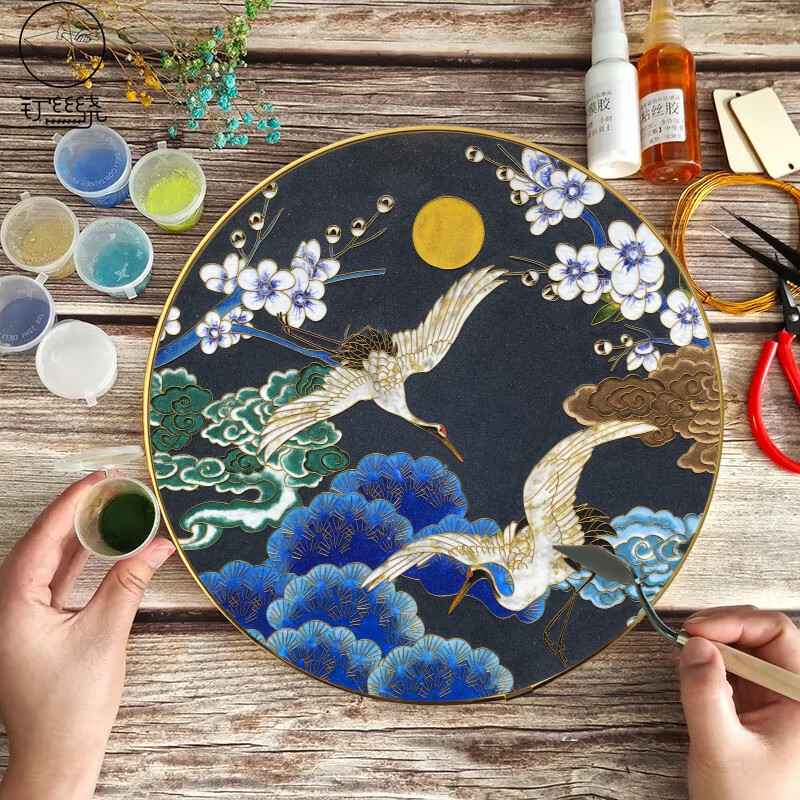 掐丝珐琅画diy30*30初学国潮仙鹤中国风景泰蓝手工材料包非遗进校园