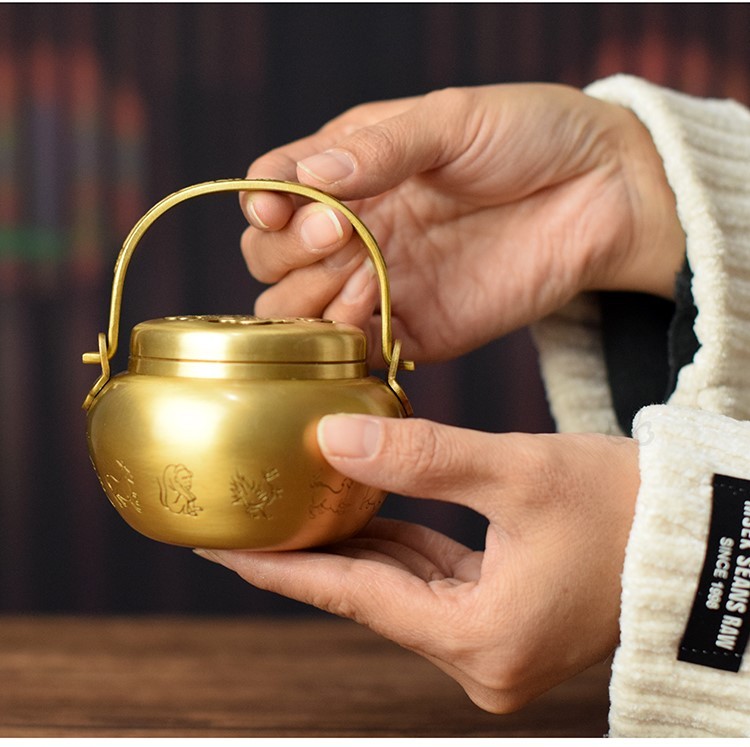 孔雀怀炉 铜手炉黄铜铸造仿古做旧中式暖手炉怀炉冬季暖手碳布套炉