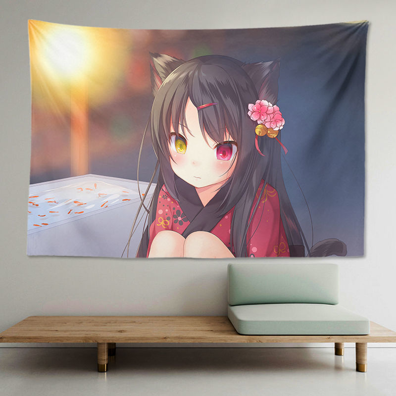 猫羽雫背景布甘城老师原创挂布猫耳女孩猫娘动漫挂毯学生宿舍浅黄色