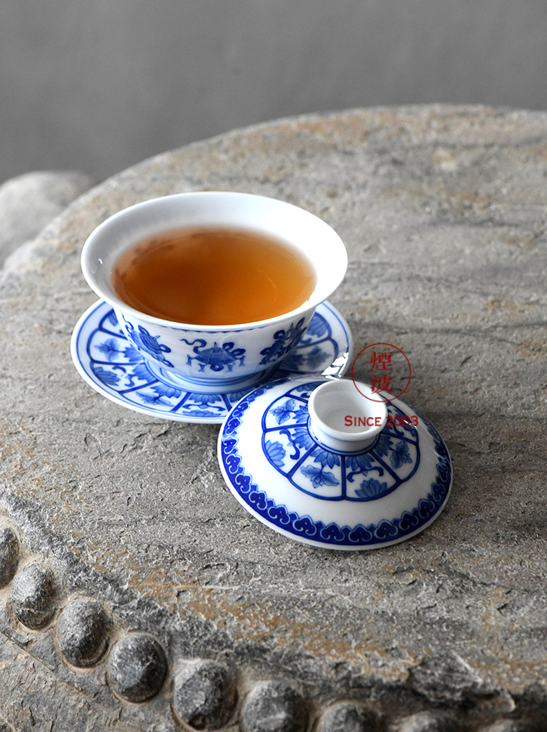 烟波 景德镇 九段烧 妙手青花款 青花 八宝 三才盖碗【图片 价格 品牌