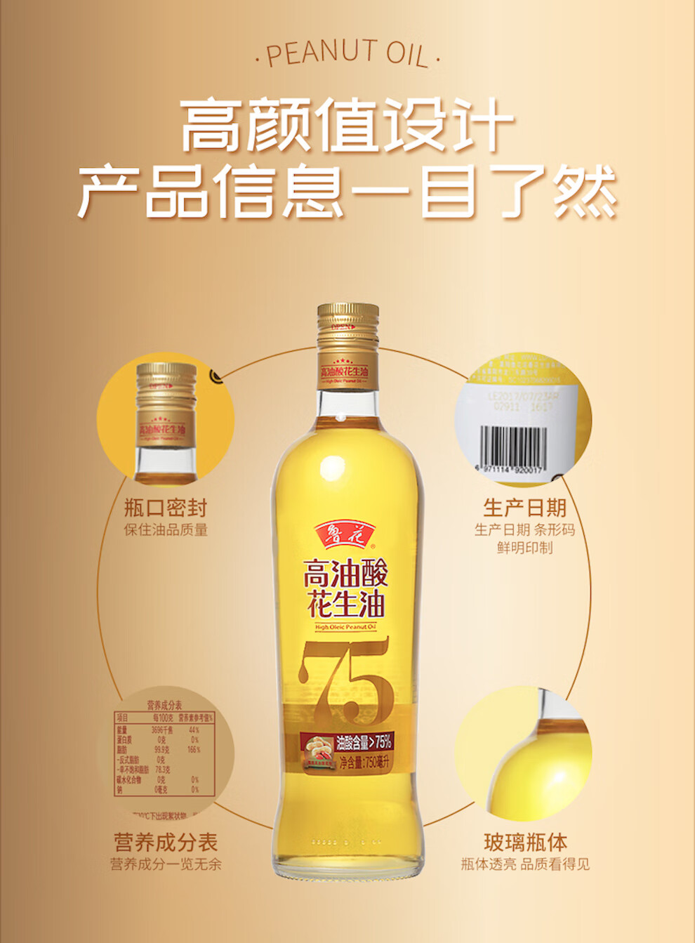 鲁花高油酸花生油750ml2礼盒