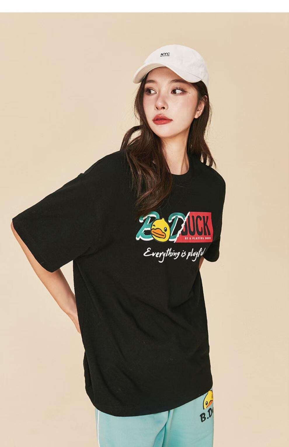 duck小黄鸭女装短袖t恤2022年春季新款宽松酷黑街头风个性字母t 黑色