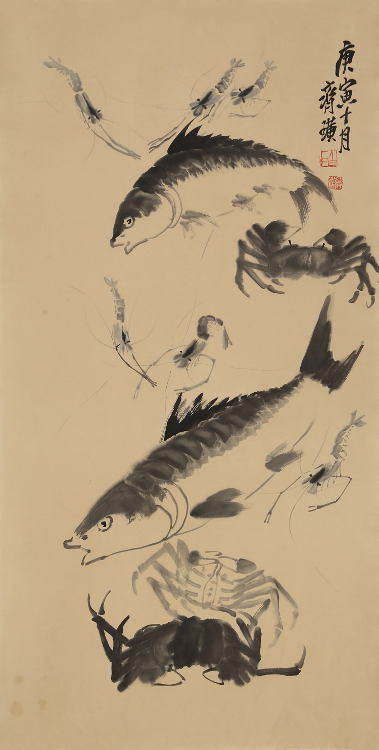 名家齐白石花鸟字画名人国画作品三尺虾戏图手绘临摹古玩大师书画纯