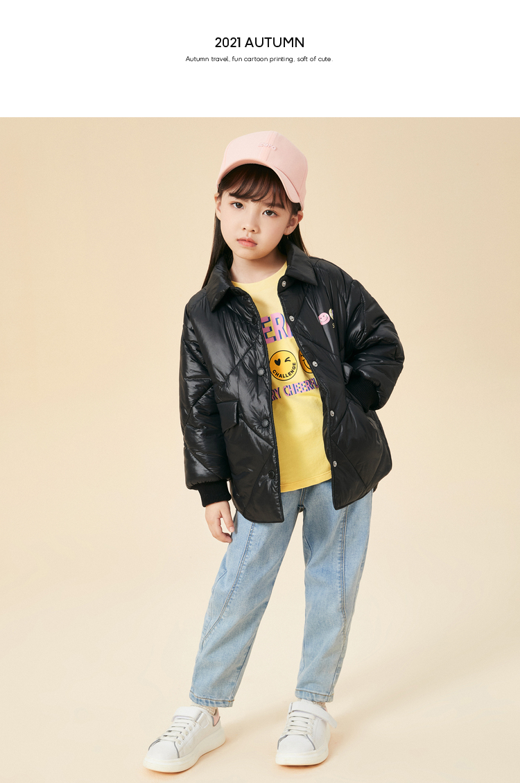 a21童装2021年新品女童加绒棉服梭织宽松翻领长袖中长开胸夹棉落肩
