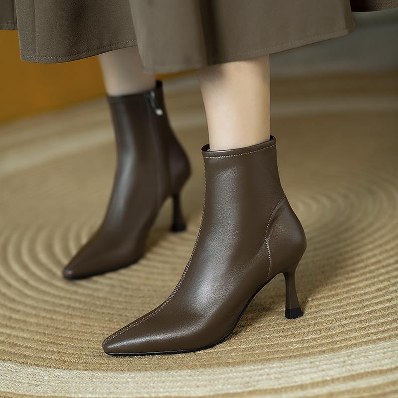 走秀高跟鞋细跟短靴女秋冬高跟鞋细跟尖头靴子女短靴单靴短筒裸靴黑色