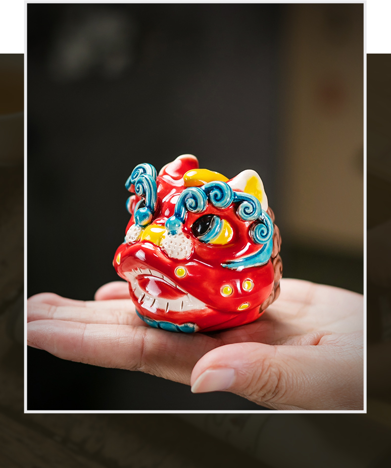 醒狮摆件 交趾陶创意瑞兽醒狮茶具陶瓷摆件创意装饰精品茶玩配件送人