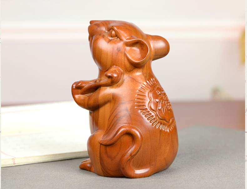 善良桃木老鼠摆件木质生肖鼠工艺品装饰品实木雕刻 财款高12厘米小号