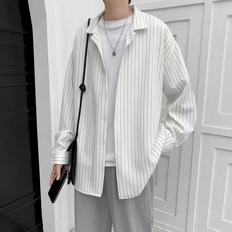 杉骆衬衫男长袖韩版宽松条纹衬衣春夏帅气百搭外套的痞帅衣服白色c03