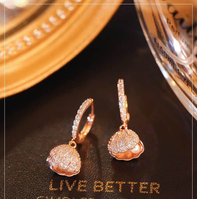 施华洛世奇锆玫瑰金贝壳耳扣长款耳坠女新款扇形小裙子耳环夏季轻奢