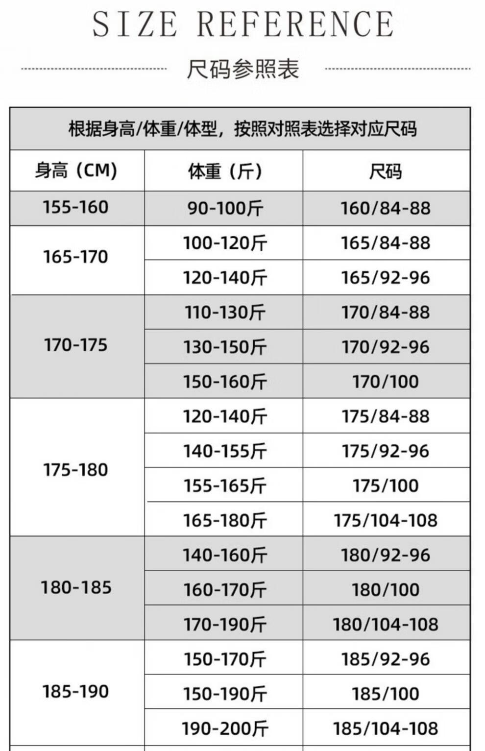 部队衣服型号对照表图片