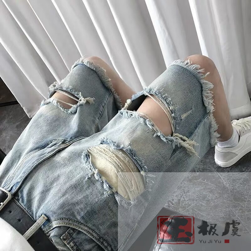 玉极虞短裤男夏季薄款大裤衩夏季薄款破洞牛仔短裤男潮五分裤男士牛仔