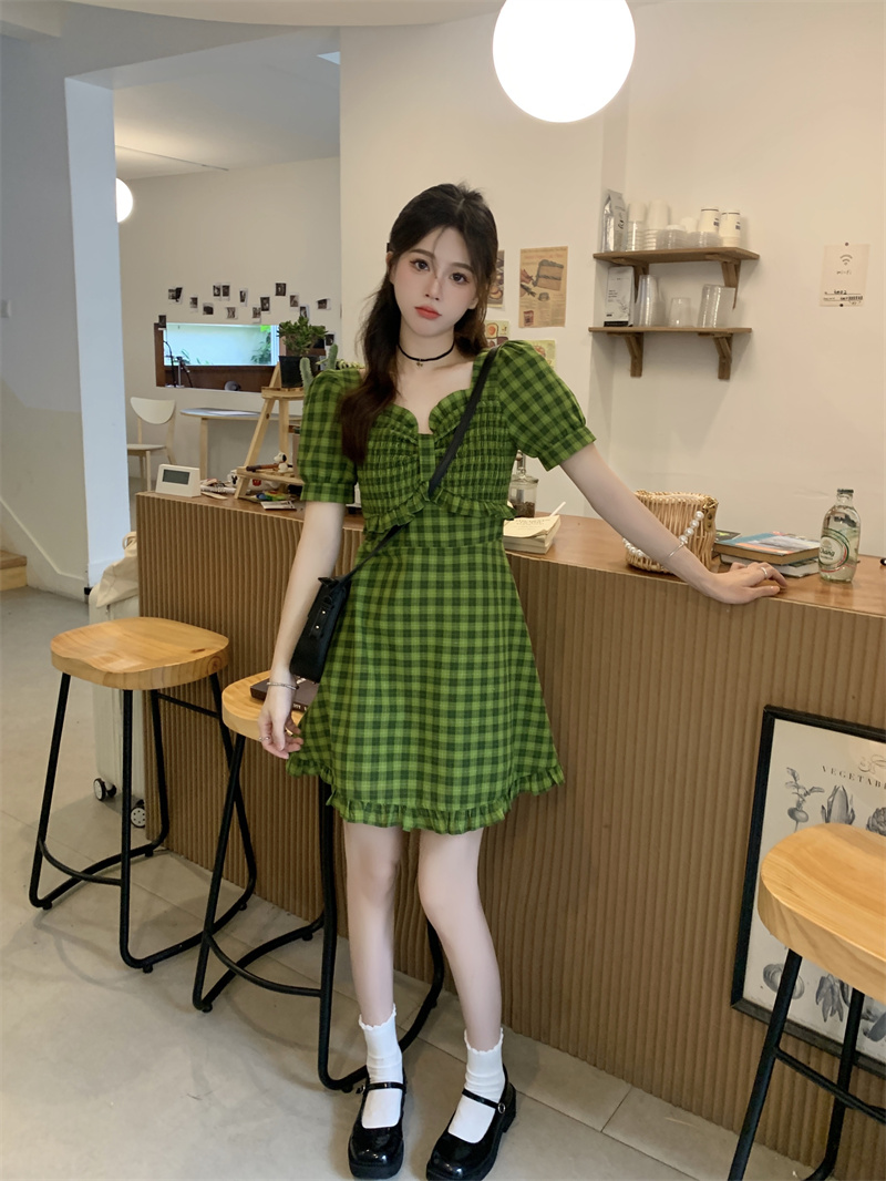 pbmr显白绿色格子短袖连衣裙女法式方领收腰显瘦a字裙 绿色格子-长款