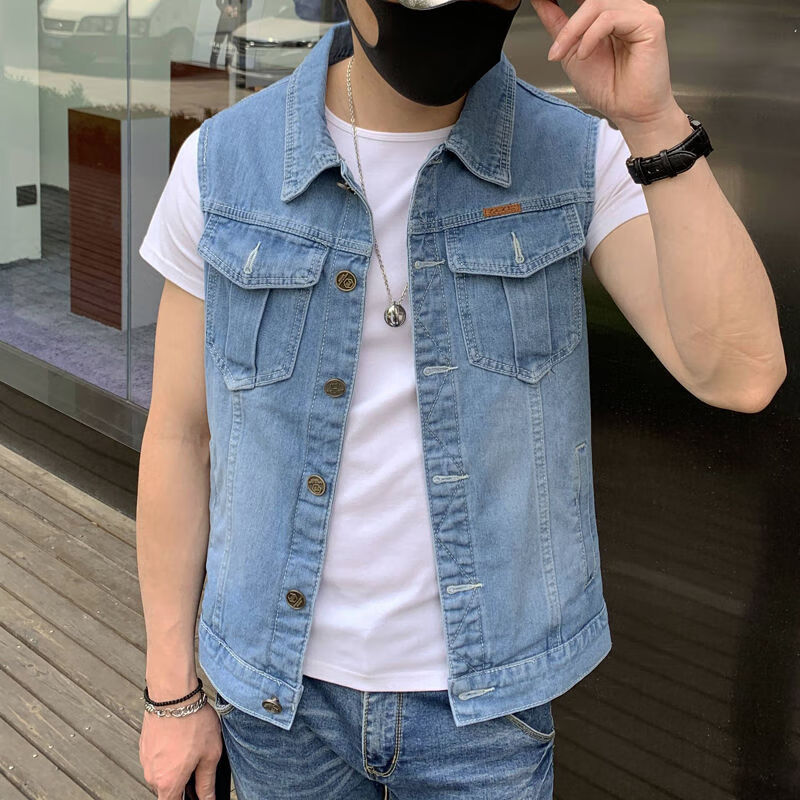 背心春秋季无袖百搭男胖子潮加肥加大夹克外套马夹浅蓝色m建议100115