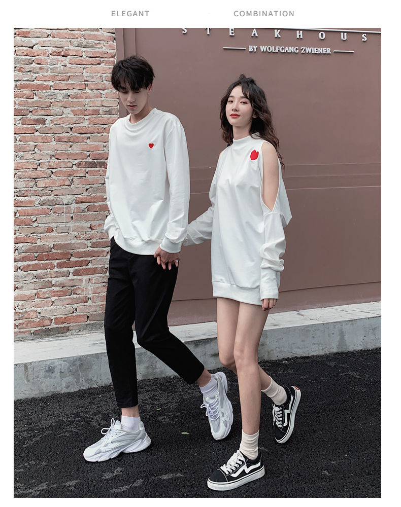 休闲套装女装春夏新款情侣装套装春季韩版休闲宽松男女百搭露肩卫衣恤