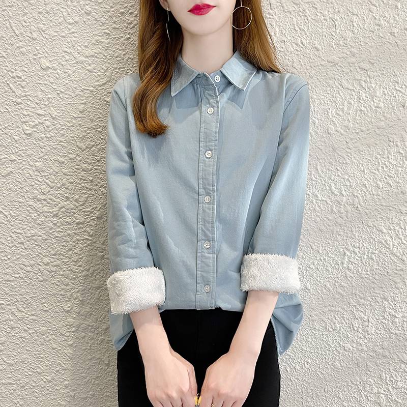 时尚加棉一体绒女式冬季款保暖衬衣女士气质打底衫上衣女生职业装小衫