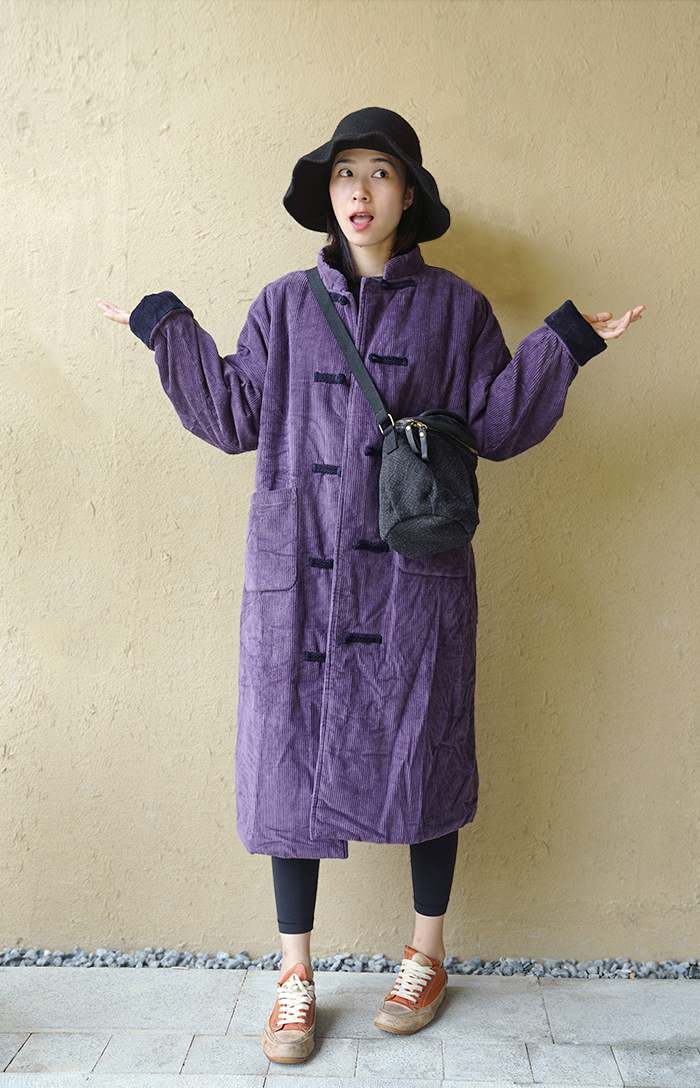 中长款冬季复古过膝盘扣宽松加厚外套灯芯绒中式棉袄2550岁藏蓝色均码