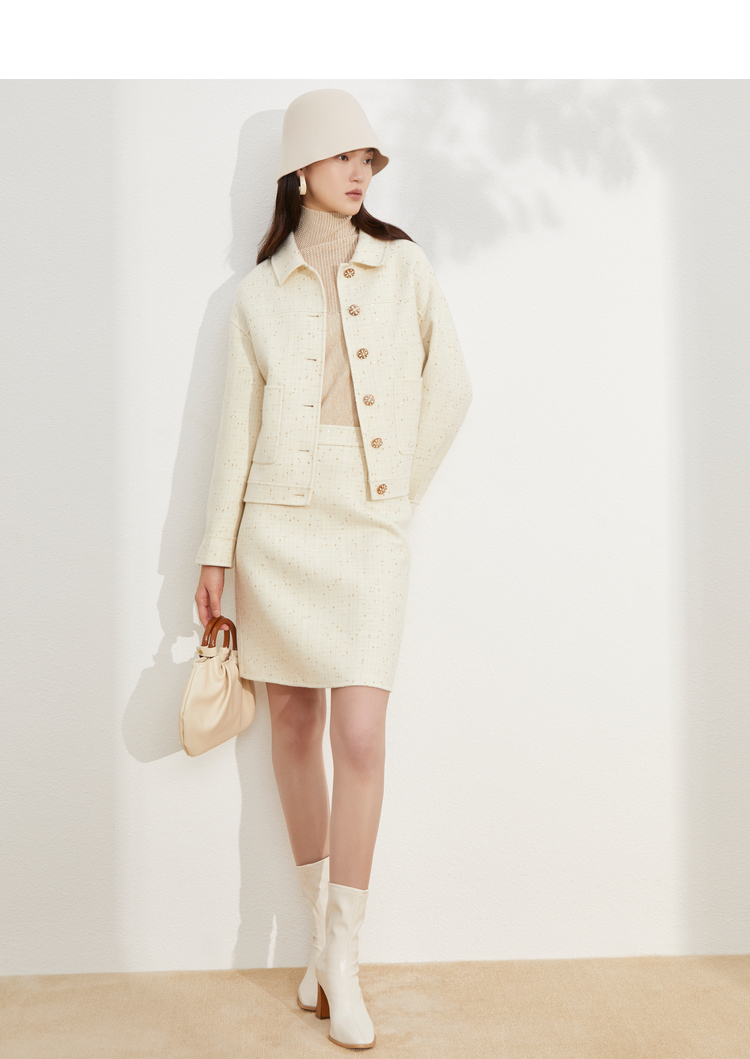 vgrass维格娜丝2021年秋冬新款赫本风亮片羊毛呢短外套米藕色5m