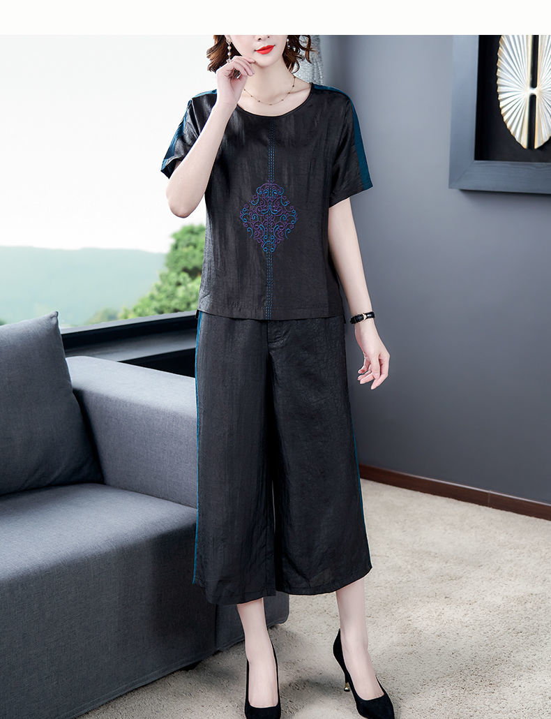 特价捡漏brangdy品牌香云纱套装夏女桑蚕丝中老年妈妈中式刺绣花上衣