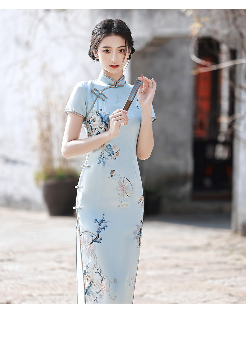 真丝旗袍高端长款少女款2022新款仿杭州夏季复古走秀演出中国风气质