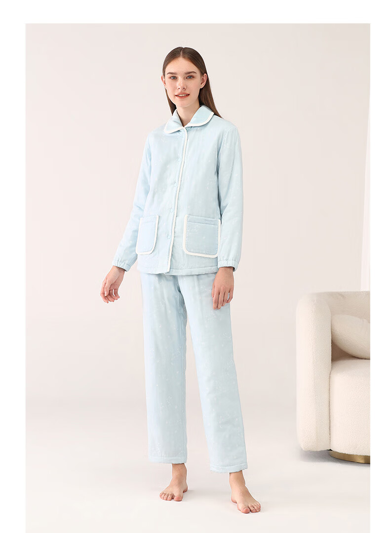 全棉时代情侣休闲双层纱布夹棉家居服套装h版睡衣厚款男款藏青xl