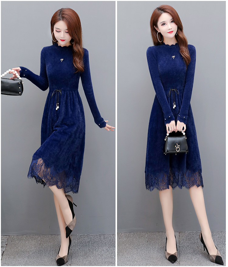 年轻女士冬季打底连衣裙秋冬款莲衣群时尚流行新款毛衣裙女过膝黑色高