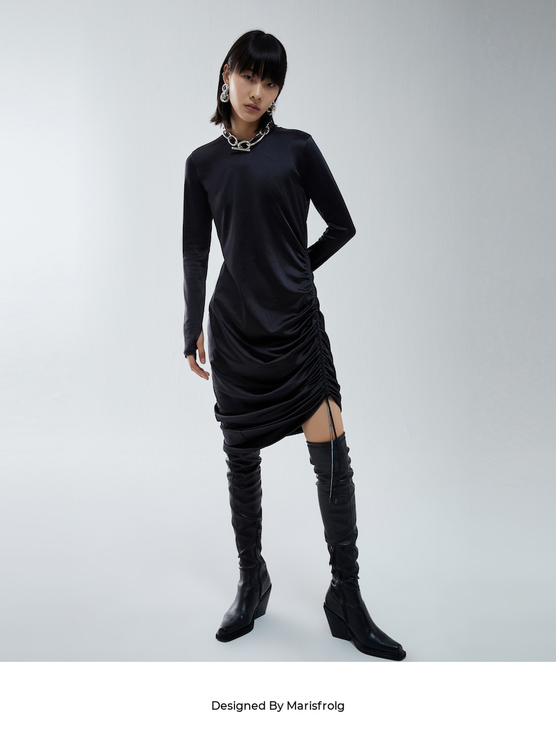 marisfrolg玛丝菲尔黑色连衣裙2021冬新款长袖内搭时尚礼服裙子黑色m