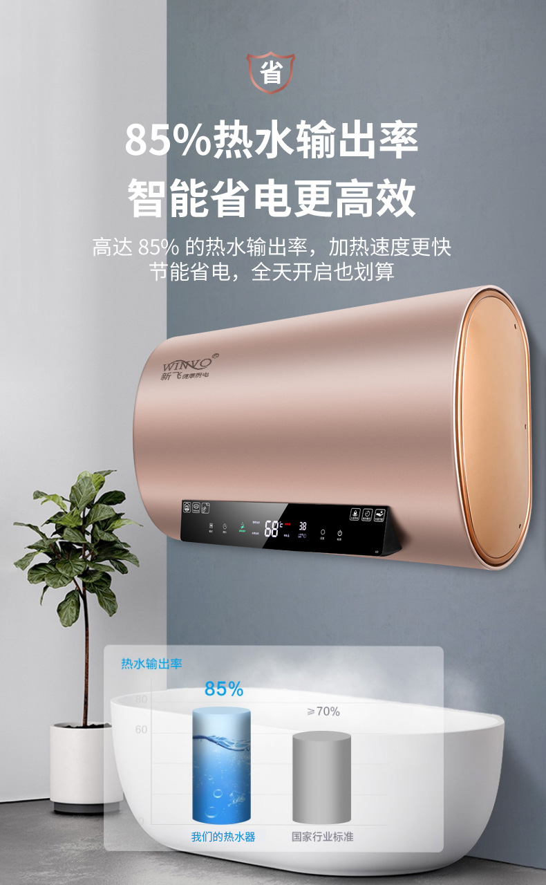 新飞1851电热水器家用卫生间储水式洗澡速热家庭小型60升80智能yi80升