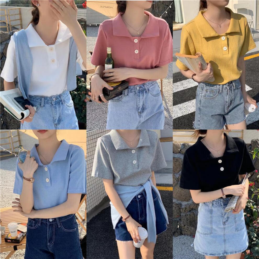 春夏女士棉质t恤短袖恤女春夏新款修身显瘦简约气质领色上衣服潮白012
