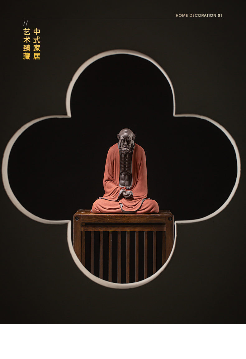 摆件家居客厅桌面禅意佛像玄关人物摆设装饰品单达摩悟禅彩砂黄色plq