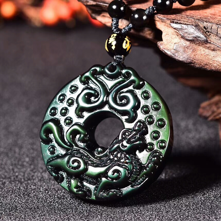 天然黑曜石如意麒麟吊坠招财男女项链转运彩虹眼水晶挂件 全珠链挂绳