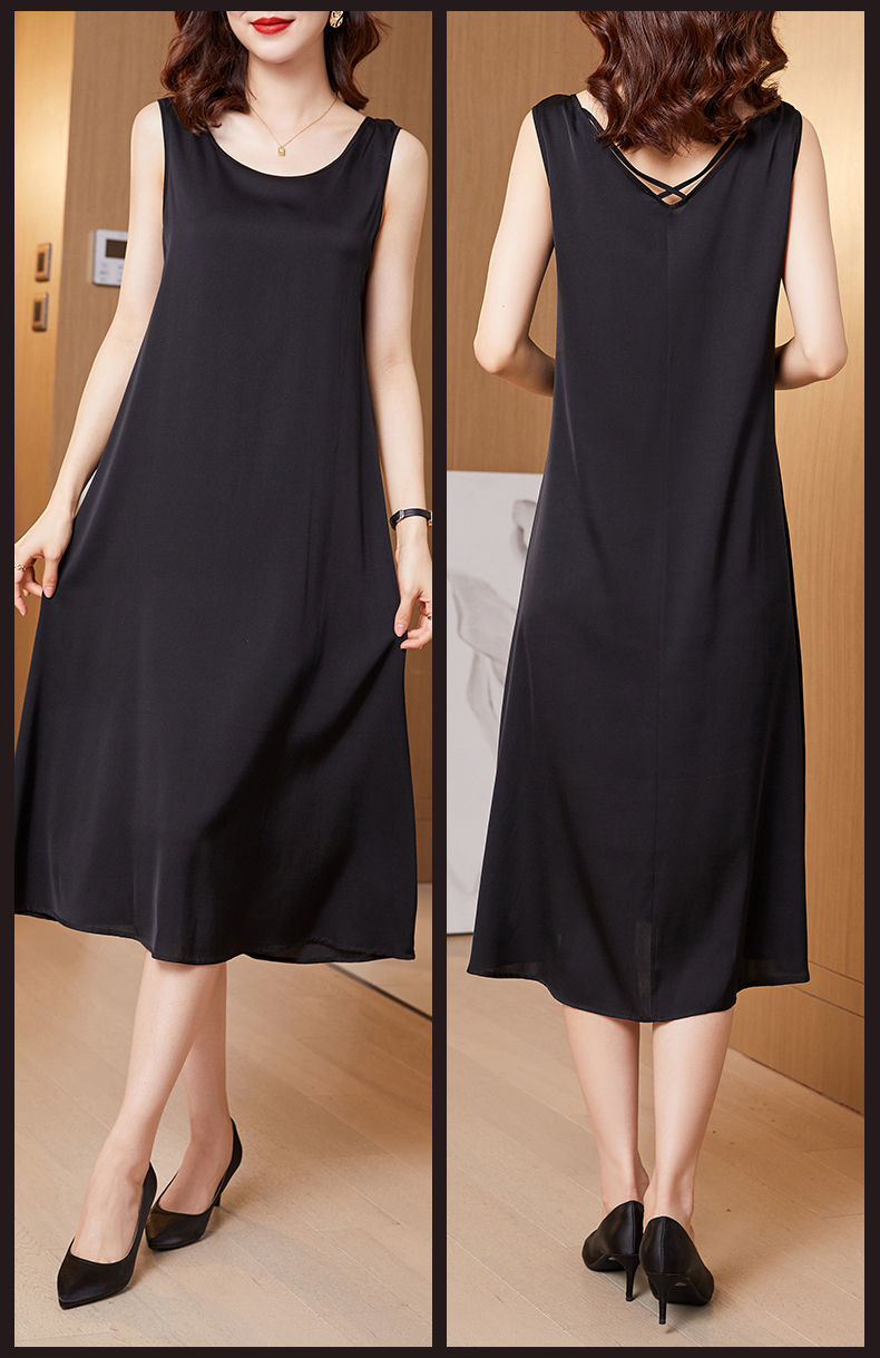 恒源祥真丝连衣裙桑蚕丝无袖吊带连衣裙女过膝宽松内搭真丝打底长裙墨