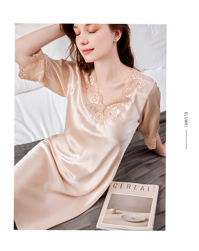 欧凡迪真丝睡裙女夏季桑蚕丝睡衣蕾丝真丝睡衣性感真丝连衣裙家居服好