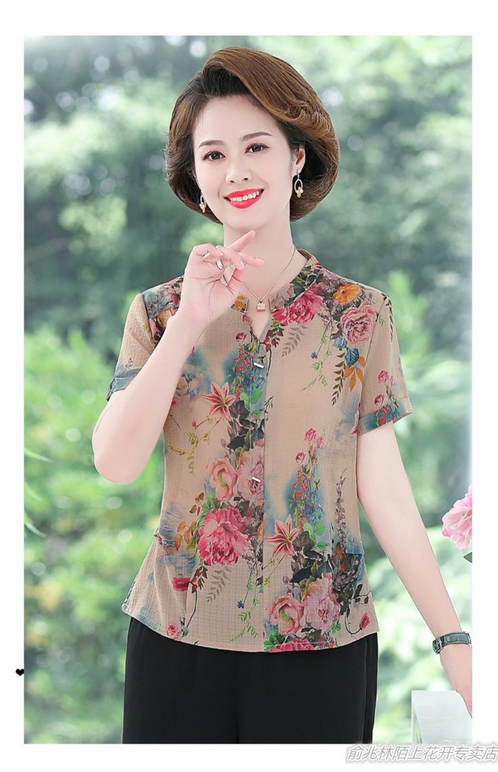 俞兆林优质特价中老年短袖t恤人夏季真丝t恤上衣女妈妈装时尚印花桑