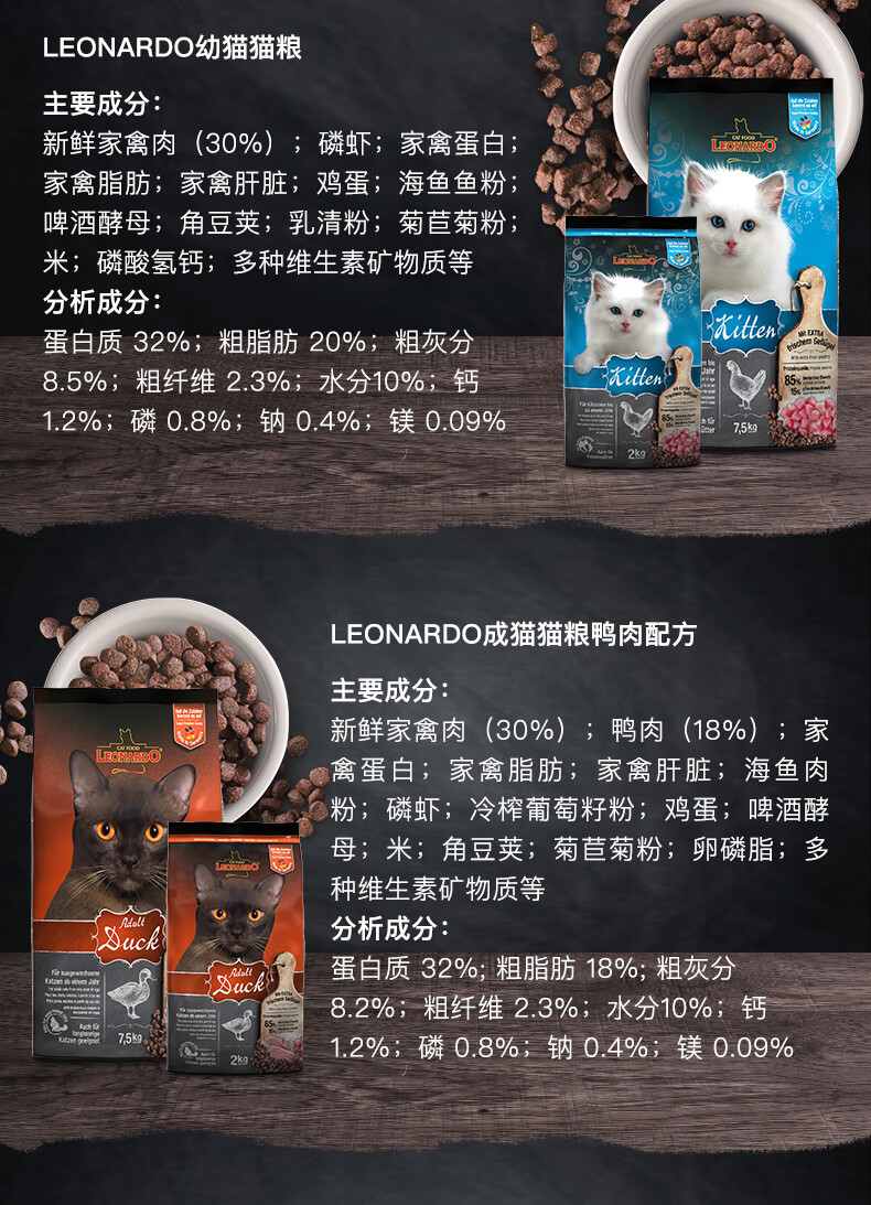 幼猫家禽无谷鸭肉鱼肉配方美毛低脂成猫粮幼猫粮leonardo莱昂纳多猫粮