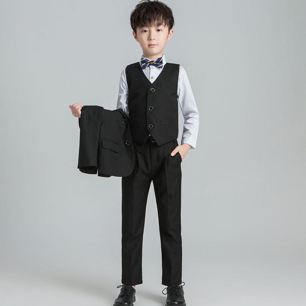 小男孩六一花童钢琴合唱主持人小西装表演服 黑色马甲套 装  黑色领带