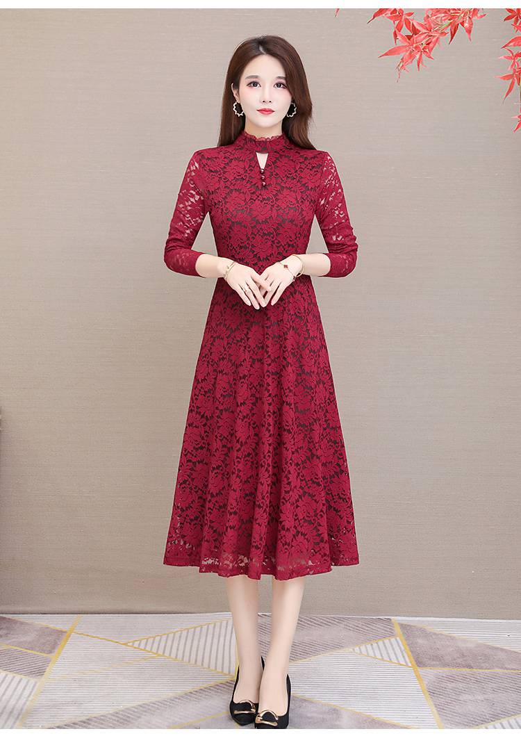 长袖蕾丝连衣裙女装2021款妈妈加绒打底女士冬季加厚显瘦气质减龄保暖